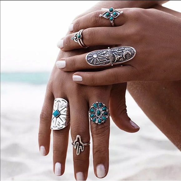 New! 9-piece Turquoise Silver Ring Set - Picture 2 of 3